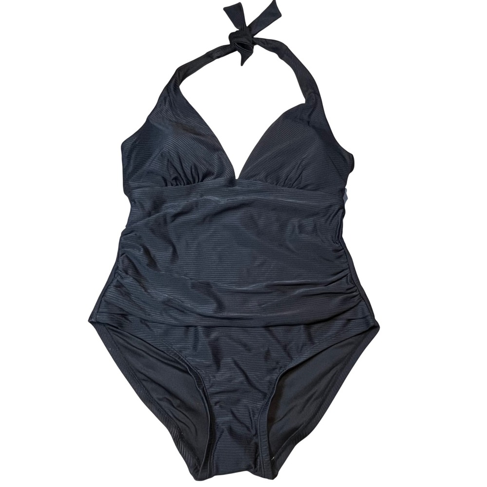 Tommy Hilfiger Black Ribbed Halter One Piece Swimsuit TZ3MK503 Size 12 NEW